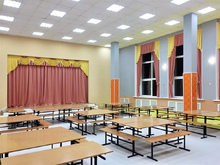 Одежда сцены и шторы в столовую гимназии №13, г. Новомосковск Тульской области